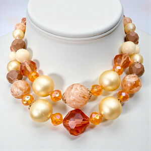 Vintage West Germany Beaded Necklace Amber Topaz Faux Pearl Double Strand 1950s